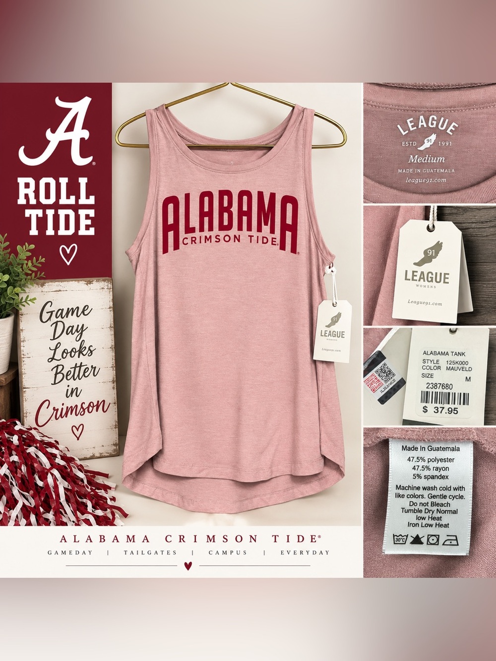 League Alabama Crimson Tide Dusty Pink Tank Top